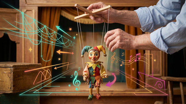 Wooden Puppet Jester Dancing on Strings with Glowing Musical Notes