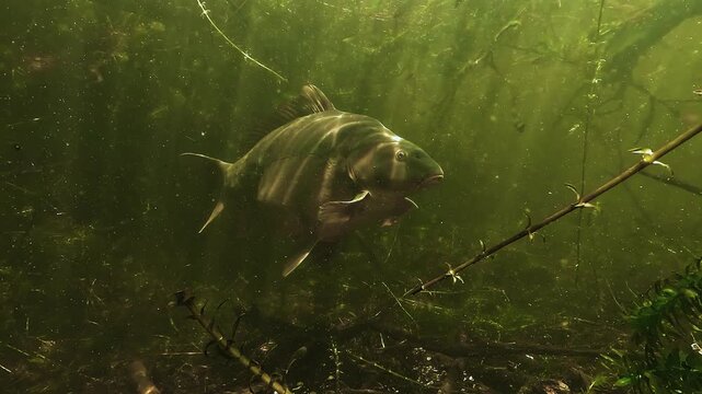 Close portrait of a static mirror carp Cyprinus carpio watching nervously with quick eye movements before turning away in freshwater habitat. Check my portfolio for more carp footage