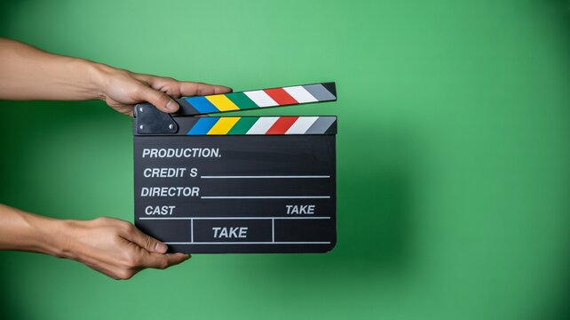 Hand holding a black clapperboard with multicolor film production strips on green background.