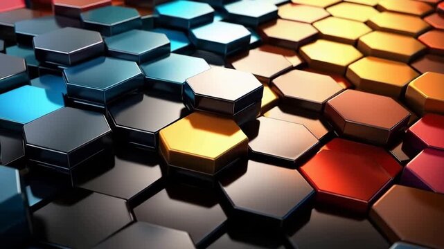 Visuals show a series of hexagonal shapes changing colors in a smooth motion. The patterns shift and reflect light, creating an engaging display.