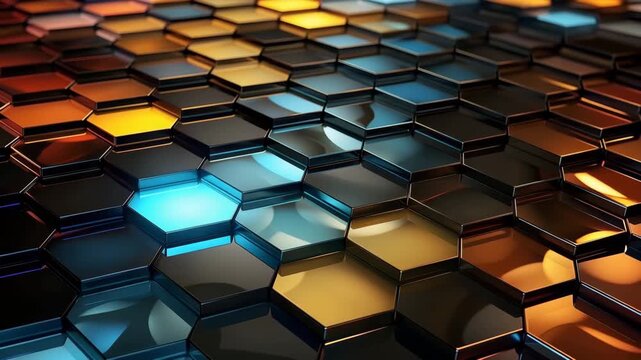 Glowing hexagonal shapes fill the space with warm and cool colors. Light reflects off the surface, creating an interesting visual effect in a dark setting.