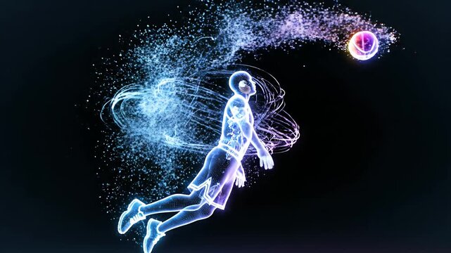 Abstract illustration of a basketball player performing a slam dunk