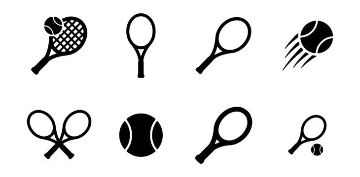 Tennis Icons Set: Racquets, Balls, Sports Equipment Vector Graphics
