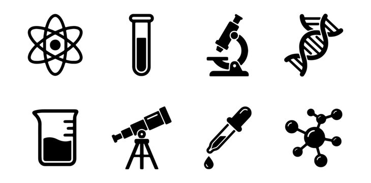 Science Icons Set: Atom, Test Tube, Microscope, DNA, Beaker, Telescope, Dropper, Molecule