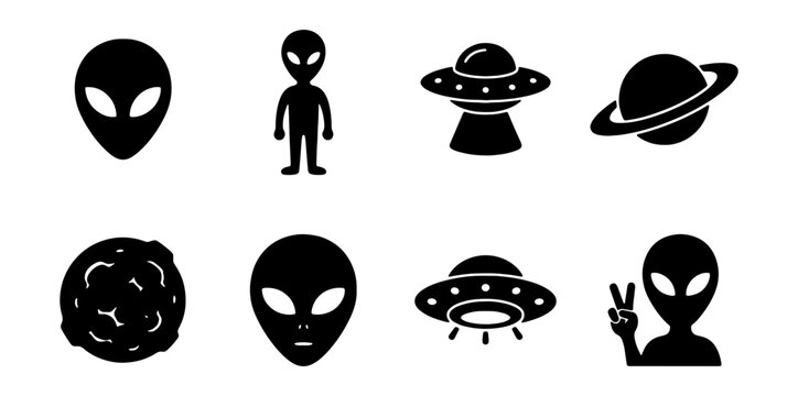 Alien Icons Set, UFO Symbols, Space Objects, Extraterrestrial Graphics