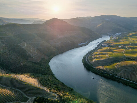 Aerial drone view of the Douro River winding between vineyard hills in Douro Valley, Portugal, with soft sunset light.
