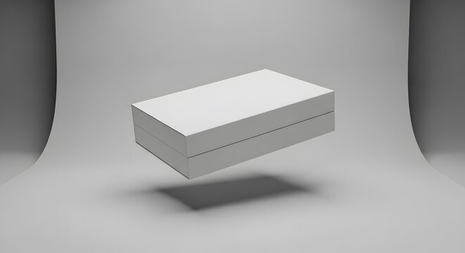 Minimalist White Rectangular Box Floating Above Light Grey Studio Background with Subtle Shadow for Mockup