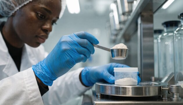 Pharmacist carefully measuring powdered ingredients on a precision balance in a sterile pharmacy compounding lab to prepare customized tablet formulations.