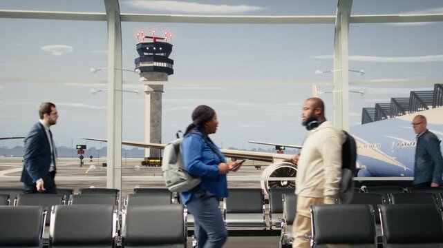 Commuting, airport and tourists in transport hub waiting area overlooked by runway control tower. Walking, chair seats rows and people inside bright modern flight departure terminal, camera A
