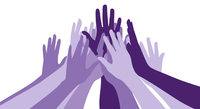 Diverse Purple Hands Raised Up Illustration representing Teamwork, Community Support, and Inclusion Concept
