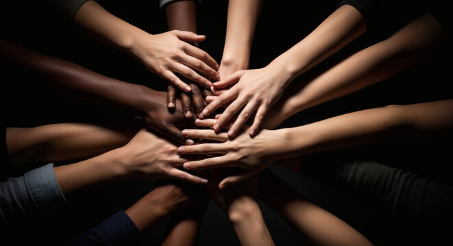 Diverse group of people stacking hands together in a symbolic gesture representing unity teamwork and mutual support against a dark background emphasizing collaboration