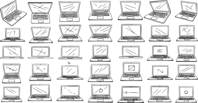 Hand-drawn sketch collection of laptops showing various screen states, from working and blank to broken, off, and displaying symbols, representing computer functionality and malfunctions.