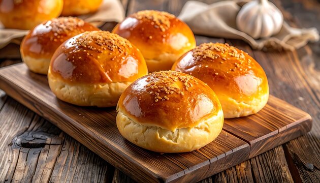 Golden brown toasted burger buns with sesame seeds sprinkled on top, arranged on a rustic wooden board, ready for a delicious meal