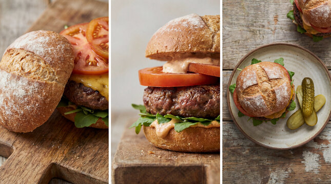 National Hamburger Day artisan handmade burger with fresh ingredients rustic style for restaurant menu food advertising marketing promotion design materials