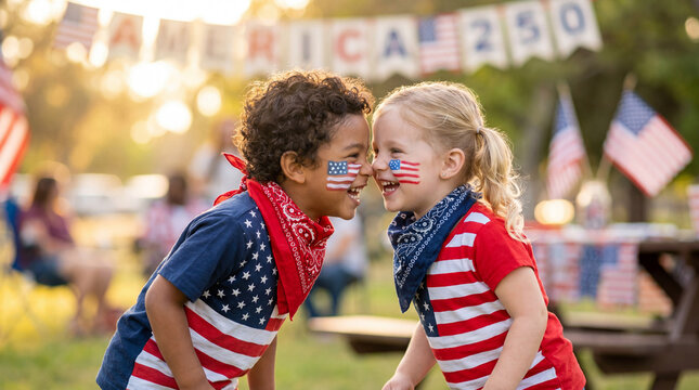 American Independence Day 250th Anniversary two children face painted laughing together patriotic celebration friendship joyful expressions for festive promotional marketing campaign
