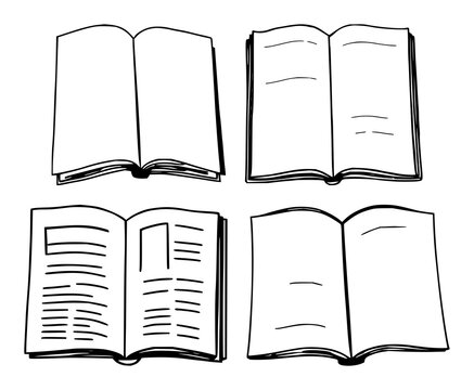 Magazine set with black line art on white background featuring editorial illustrations, stylized text, and minimalist design with typography and silhouettes