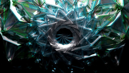 Fototapeta premium 3d render abstract art 3d background with part of surreal symmetry fractal object turbine engine detail in rotation deformation process in transparent plastic material with metal color wire