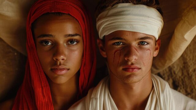 Ancient Portraits: A captivating duo, bathed in warm hues, exudes timeless beauty and stoic confidence, Their gaze direct and compelling. 