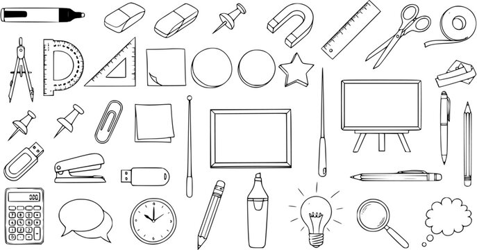 Hand-Drawn Line Art Set of School and Office Supplies. Doodle Icons Collection of Stationery, Education Tools, and Business Objects like Pens, Pencils, Rulers, Scissors, and Erasers.