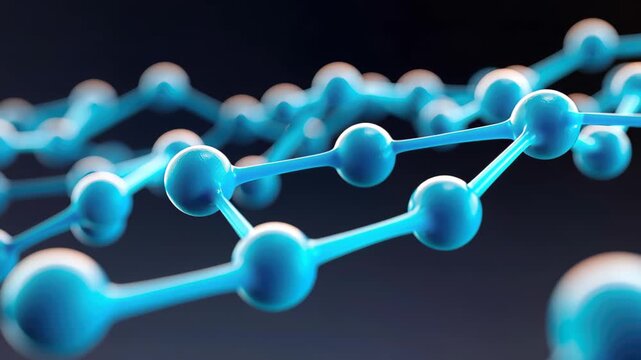 Interconnected Molecular Network: An intricate network of interconnected blue spheres and lines representing molecular structures against a dark background.