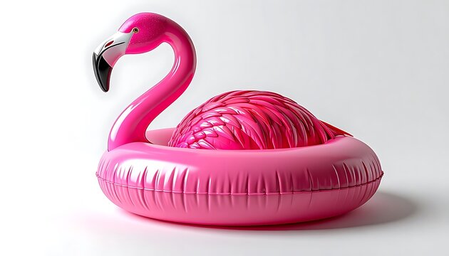 Inflatable pink flamingo pool float with textured seating area, bright summer vacation and party accessory