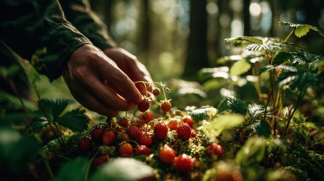 Hands picking wild strawberries in forest setting