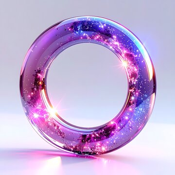Iridescent torus ring with cosmic nebula texture and sparkling lights, abstract futuristic design element, purple and pink glowing swirl