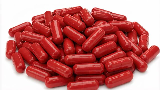 Red Capsules: An array of vibrant red capsules, emblematic of health and wellness, sit in a compelling arrangement, perfect for illustrating pharmaceutical concepts.