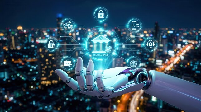 Digital banking concept showing AI integration in secure fintech transactions and financial technology.