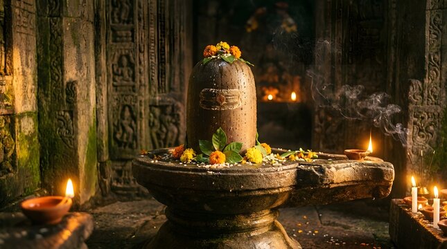 Shiva Linga with flowers and candles.