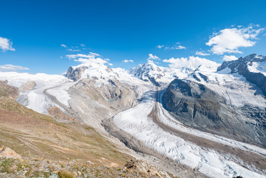The beautiful view of the Grenzgletscher glacier in the Swiss alps