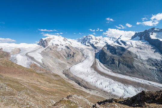 The beautiful view of the Grenzgletscher glacier in the Swiss alps