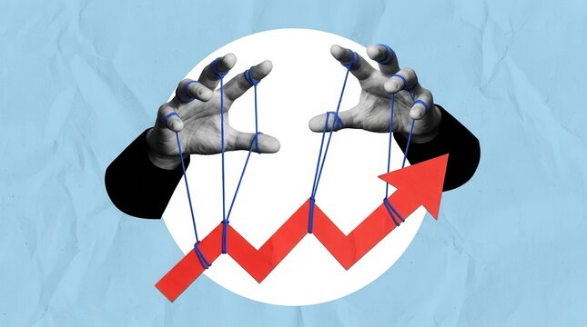 A surreal economic concept showing hands controlling a red arrow with strings for market manipulation.