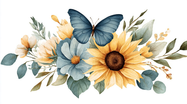 watercolor botanical butterfly and flowers texture template background.Elegant wedding invitation card background . Minimal hand painted Design for wedding or Valentine's Day