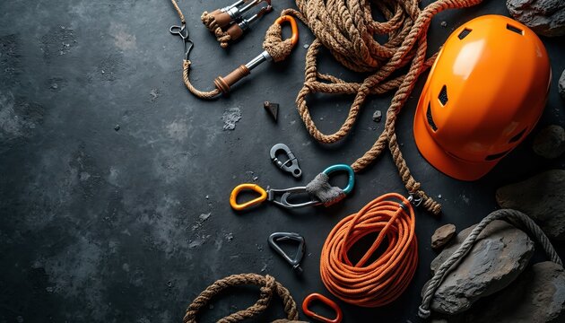 Orange helmet rope carabiners and ascender lie on dark rough surface. Safety gear for climbing, mountaineering, hiking or rescue. Adventure sports equipment on stone.