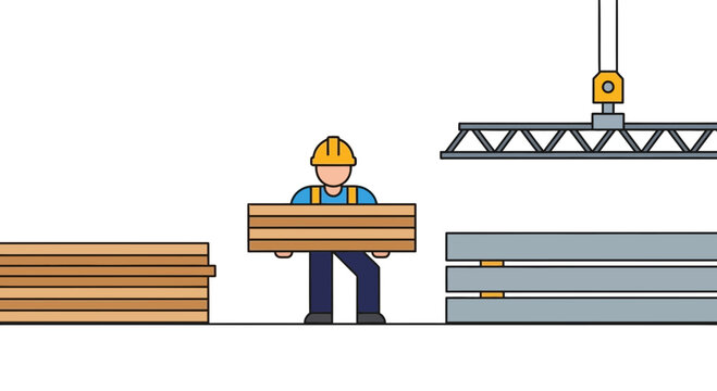 Construction worker carrying wood planks near industrial site