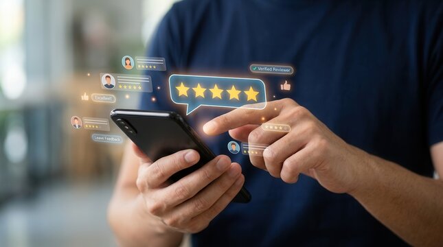 Customer feedback survey concept showing people rating product quality and overall value for the price on a mobile device.