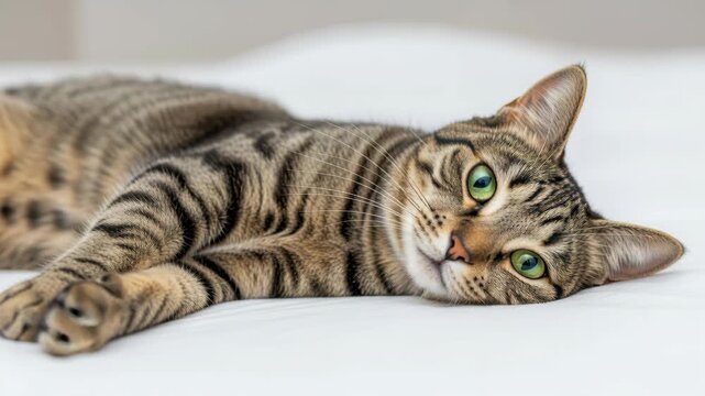 Elegant Cat's Gaze: An elegant domestic cat, with captivating green eyes and a striking striped pattern, lounges in comfort, casting a direct, inviting gaze.