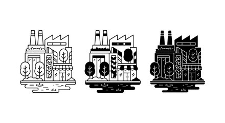 Naklejka premium Factory Icons Set, Industrial Building Graphics, Manufacturing Plant Vector Art