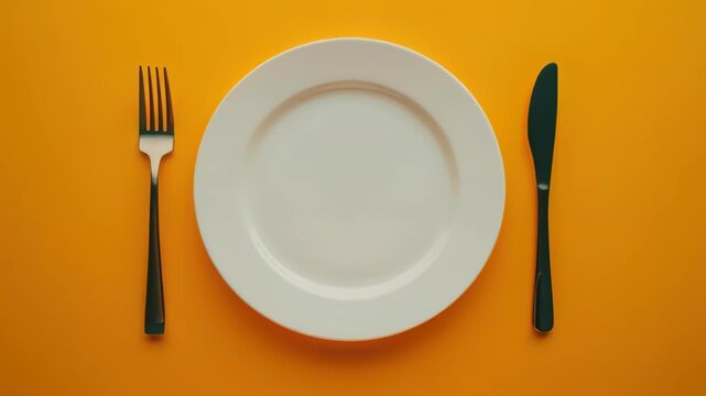 A Dining Essentials: An overhead shot showcases the essentials of a dining experience, featuring an empty plate alongside a fork and knife, all set against a vibrant yellow backdrop.