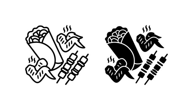 Street Food Icons: Shawarma, Chicken Wings, Skewers. Fast Food Vector Graphics