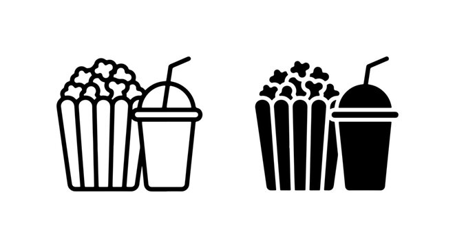 Popcorn and Drink Icons: Cinema Snack Vector Set