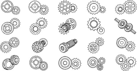 Detailed set of mechanical gears and cogwheels line art illustrations. Engineering components and industrial machinery elements in black and white sketch style. © arulumia