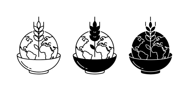 Global Food Security Icons, Earth Bowl Wheat Vector Set