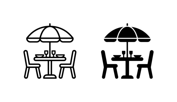 Outdoor Dining Set Icons, Cafe Table and Chairs, Patio Umbrella Vector