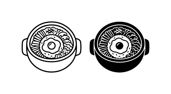 Korean Bibimbap Bowl Icons, Fried Egg Meal Graphics, Asian Cuisine Food Art