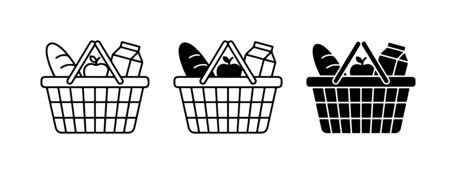Grocery Basket Icons, Shopping Cart Set, Food Container Graphics
