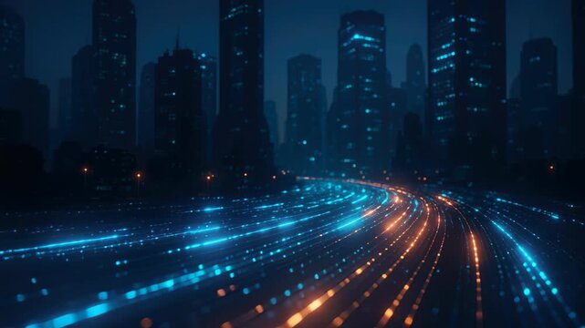 City Lights on the Highway: A stunning cityscape at night, with illuminated buildings towering over a highway aglow with trails of light, creating a sense of dynamic movement and urban energy.