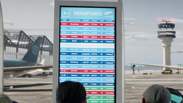 Dejected by plane being late, FIDS screen and upset men with women in airport checking departure time. Tedious waiting, electronic timetable display announcement and passengers bummed by flight delay