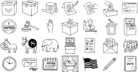 Fototapeta premium Detailed Hand-Drawn Election and Voting Icons Set with Political Symbols, Ballot Boxes, Registration, and Campaign Elements